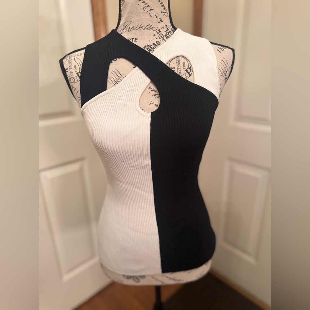 WHBM Black + White Cutout Sweater Tank